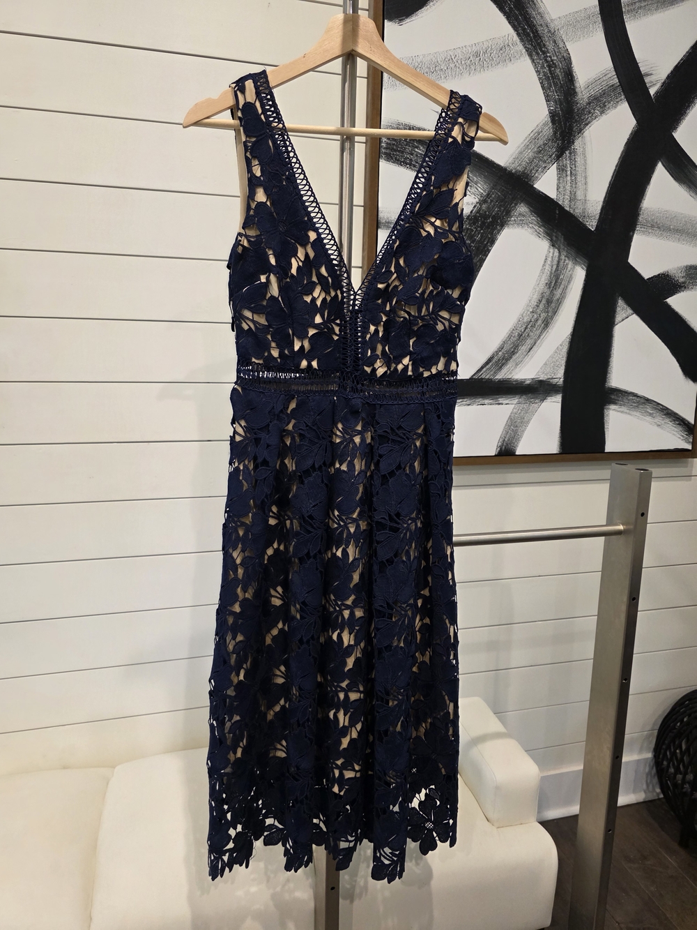 Navy Floral Lace V-Neck Midi Dress